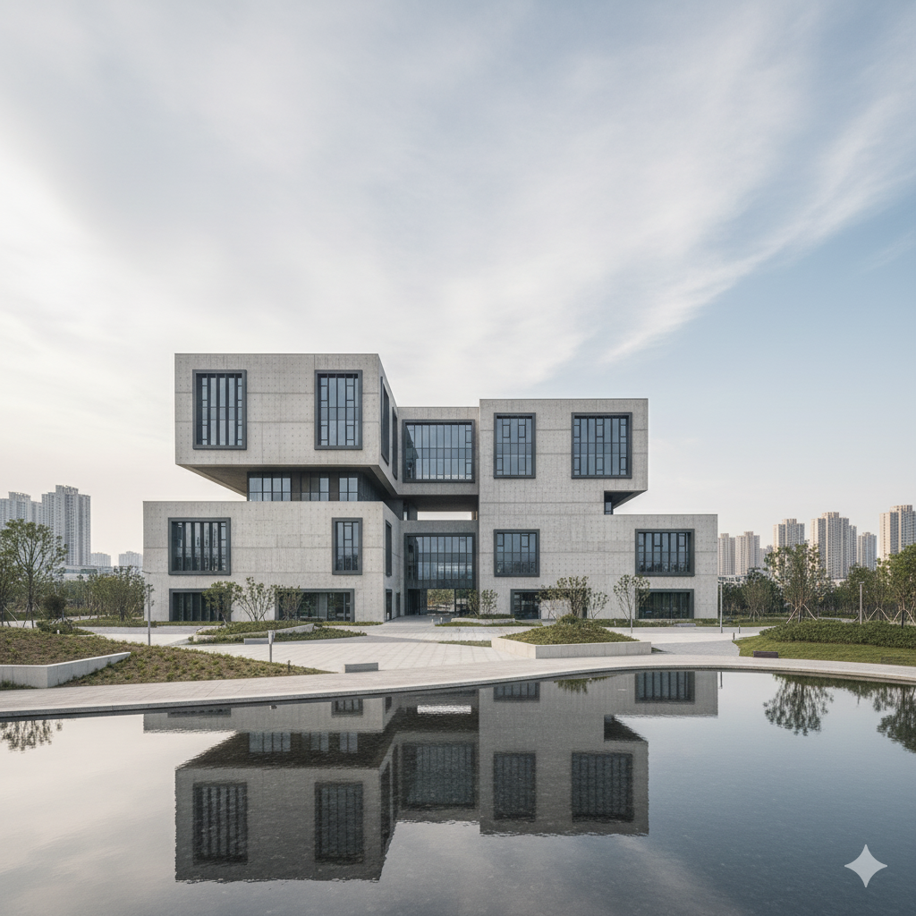 Modern white building reflected in water