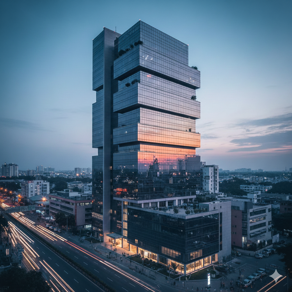 High-rise headquarters at dusk