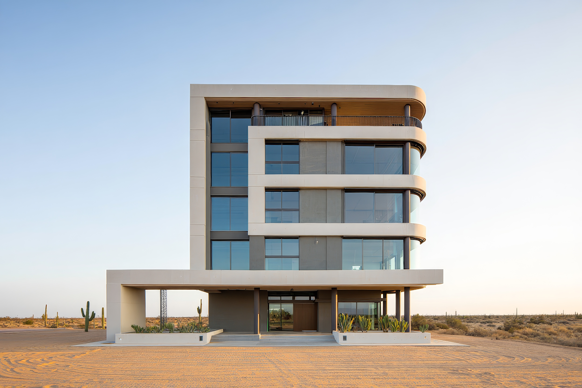 Modern campus building in a desert landscape