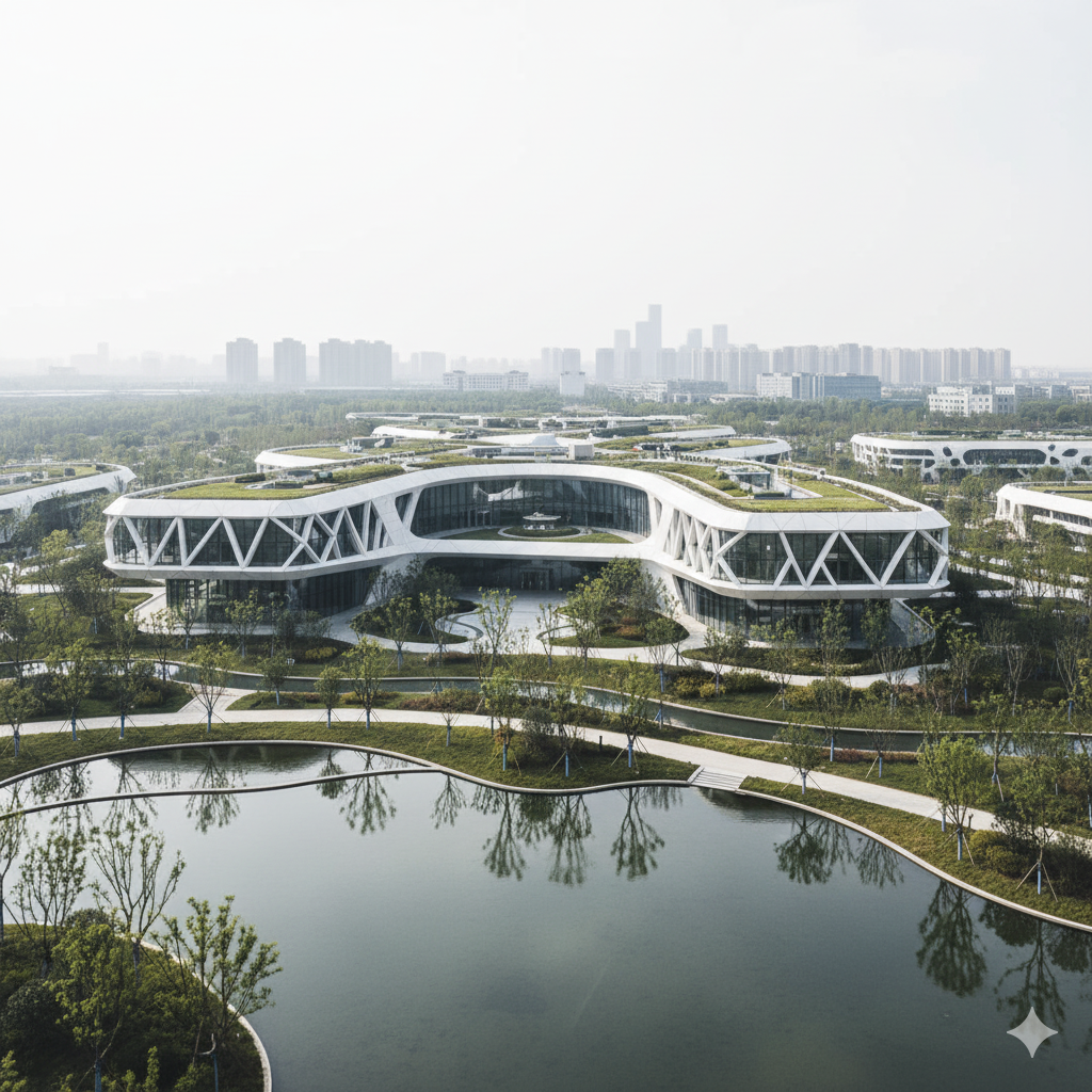 Campus complex surrounded by water and landscaping